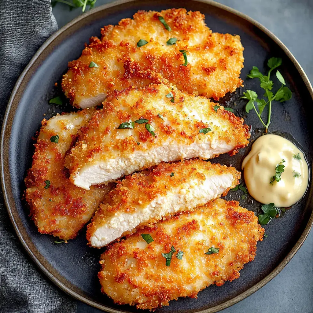 Un plato de filetes de pollo empanados y crujientes decorados con perejil, acompañado de un poco de mayonesa.