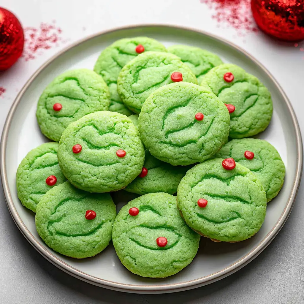 Un plato con galletas navideñas verdes decoradas con puntos de caramelo rojos, acompañadas de detalles festivos sobre una superficie clara.