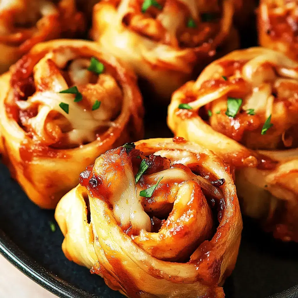 Una imagen en primer plano de rollos en espiral con queso, salsa marinara y perejil fresco como adorno.