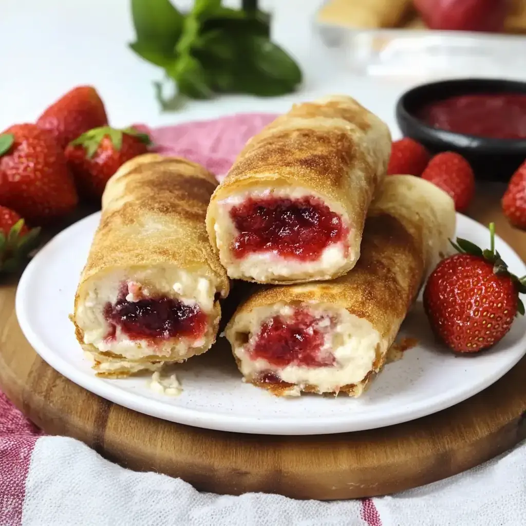 Un plato con tres chimichangas doradas rellenas de fresa, rodeado de fresas frescas.
