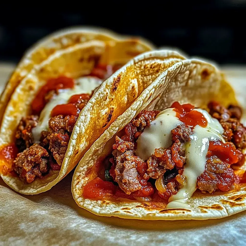 Tres tacos suaves rellenos de carne molida sazonada, salsa y un toque de crema.