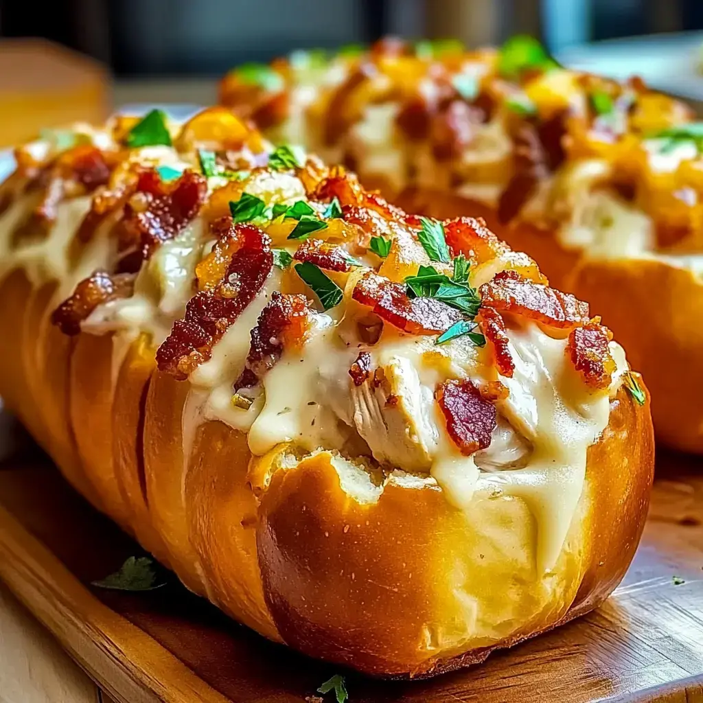 Dos bollos dorados rellenos de queso derretido, trocitos de bacon crujiente y perejil fresco.