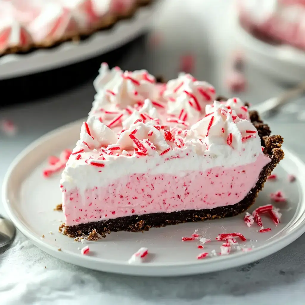 Una porción de pastel rosa de menta cubierta con crema batida y trozos de bastón de caramelo, servida en un plato blanco.