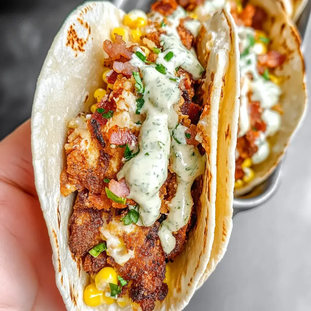 Dos tortillas rellenas con ingredientes fritos crujientes, maíz, trozos de tocino y cubiertas con una salsa cremosa, sujetas en una mano.