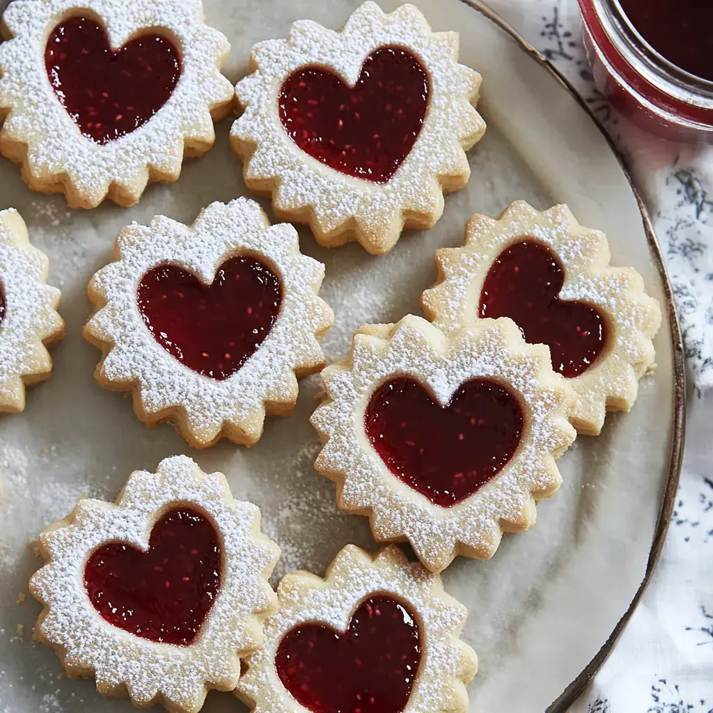 Un plato con galletas en forma de corazón rellenas de mermelada roja y cubiertas con azúcar glass.