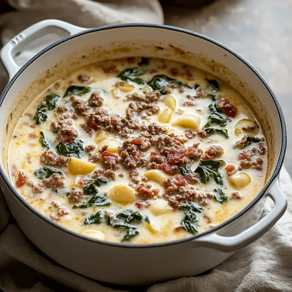 Una sopa cremosa con carne molida, papas y kale cocinándose en una olla blanca.