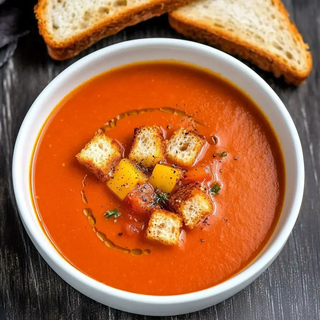 Un plato de sopa cremosa de tomate con crutones y pequeños trozos de mango, acompañado de rebanadas de pan.