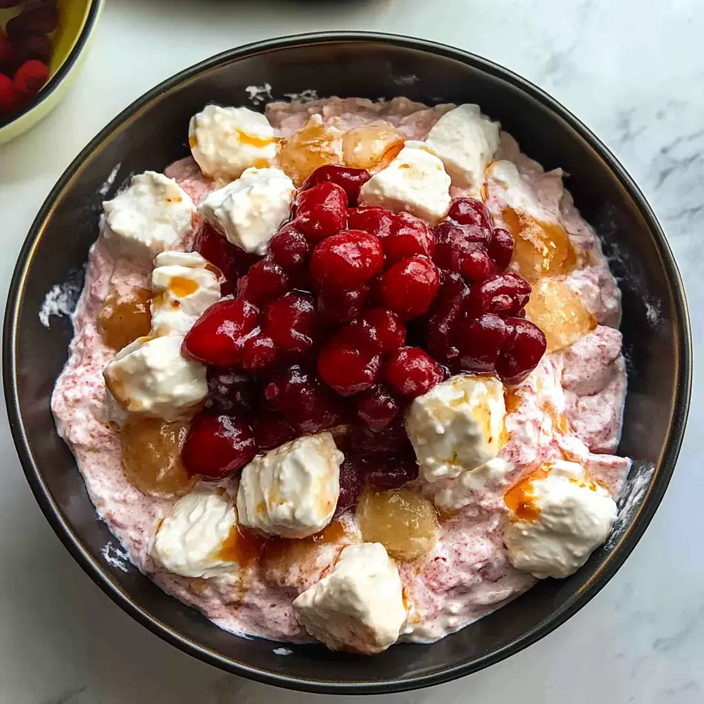 Un tazón de ensalada de frutas con capas de crema batida, duraznos en trozos y una generosa cobertura de cerezas rojas.