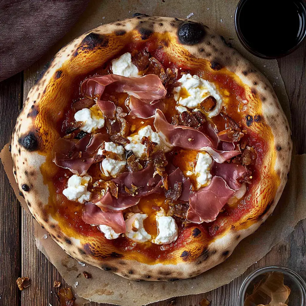 Una pizza recién horneada cubierta con prosciutto, ricotta y una rica salsa de tomate, servida junto a un vaso de bebida oscura.