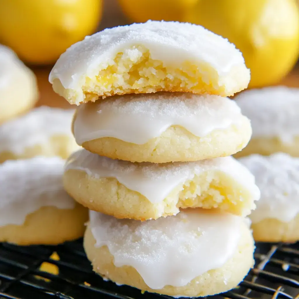 Un plato lleno de galletas tiernas y glaseadas de limón, acompañado de limones frescos.
