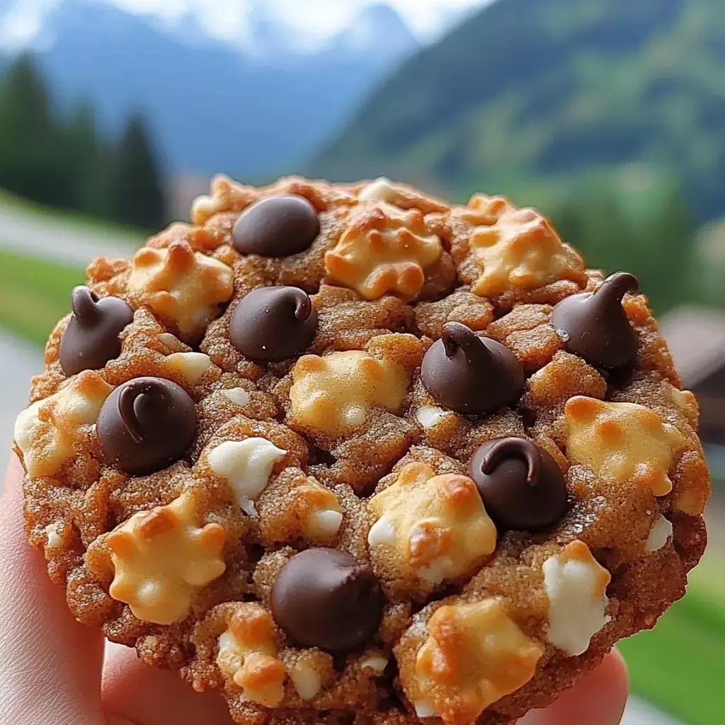Una imagen cercana de una galleta decorada con chispas de chocolate y piezas en forma de estrella frente a un fondo montañoso borroso.