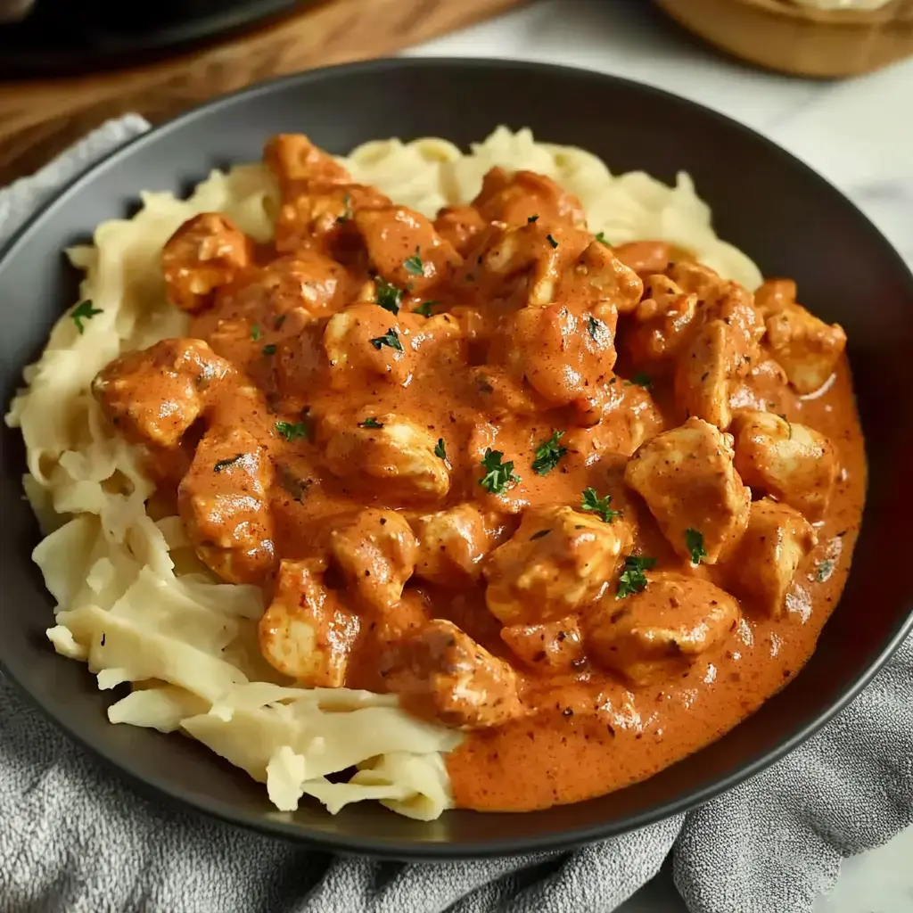 Un plato de pollo cremoso en una salsa rica servido sobre fideos y adornado con perejil.