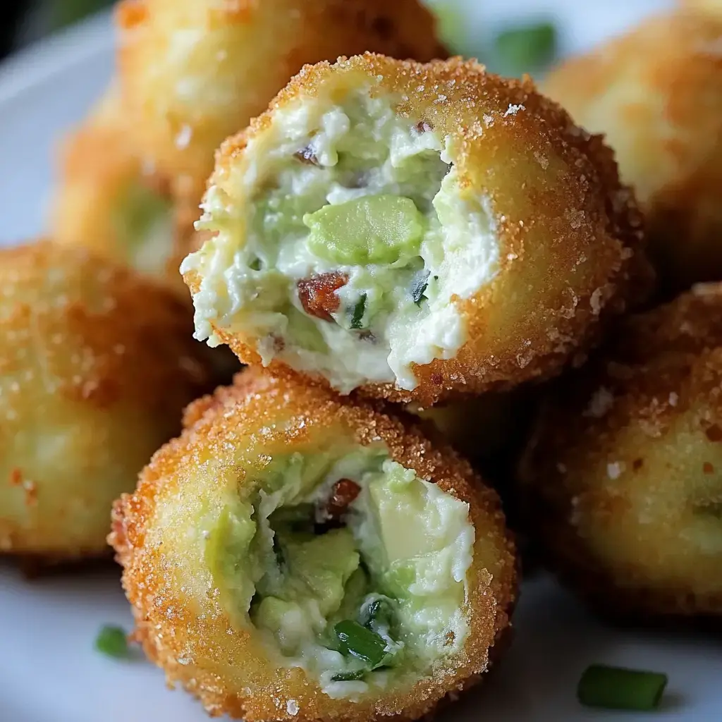 Una imagen de cerca de dorados bocados fritos, con uno abierto mostrando un relleno cremoso con ingredientes verdes y trozos de tocino.