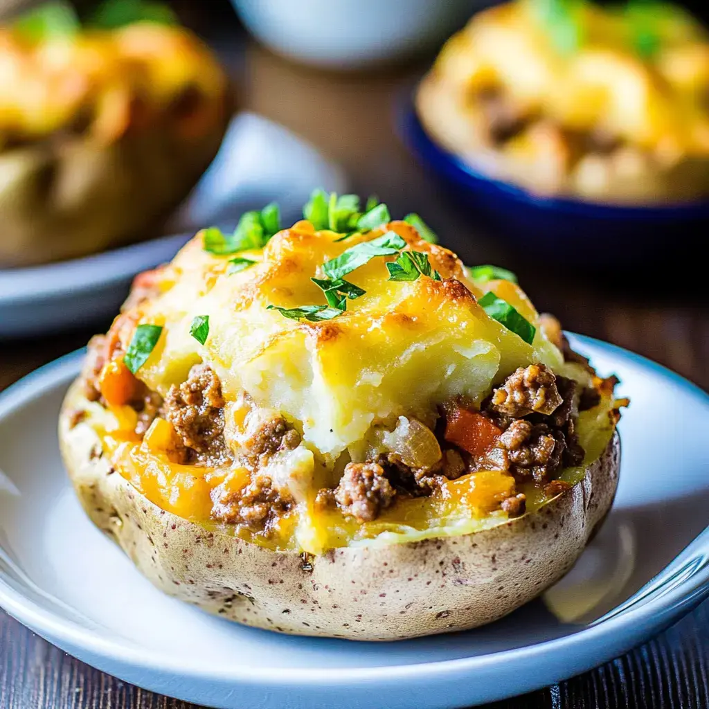 Una papa al horno cubierta con carne molida sazonada, verduras y queso derretido, decorada con perejil.
