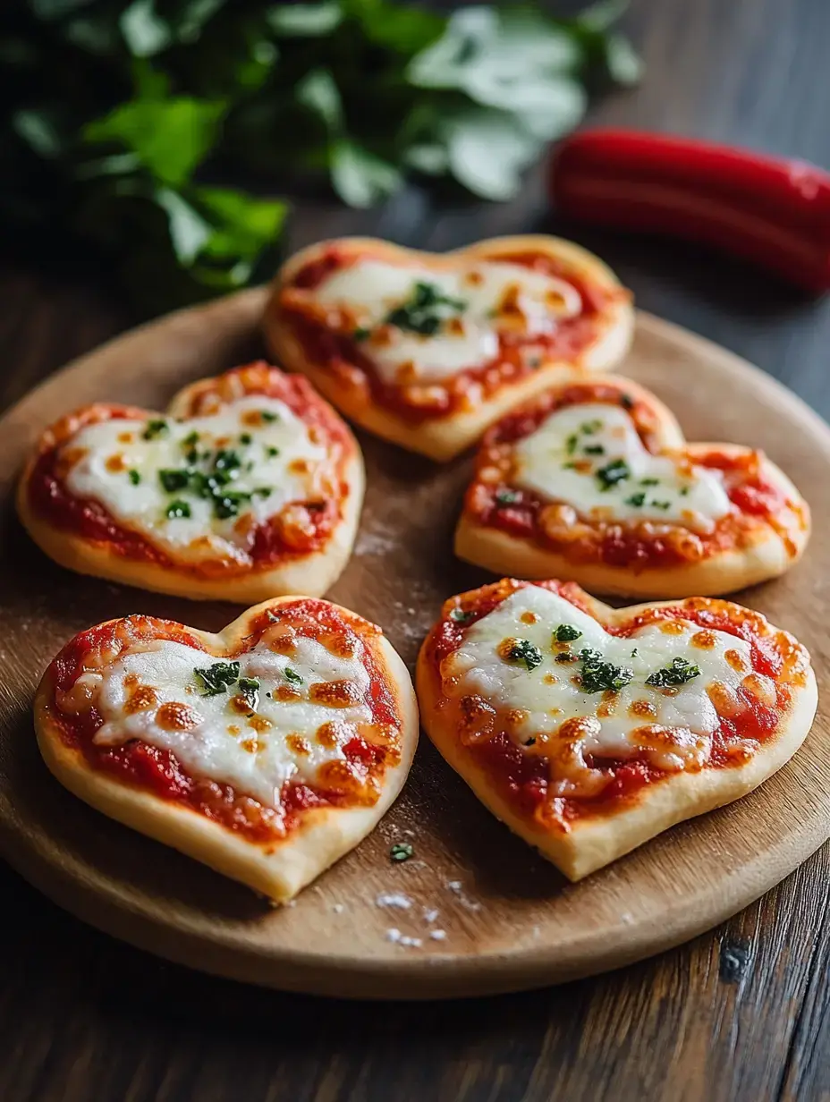 Un plato de madera con cinco mini pizzas en forma de corazón cubiertas de queso y salsa de tomate, decoradas con hierbas picadas.