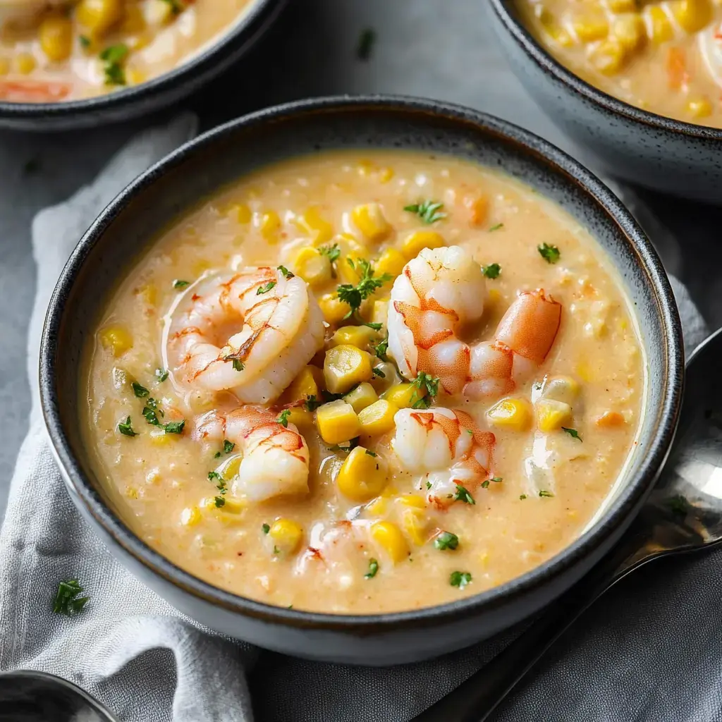 Un primer plano de una sopa cremosa de camarones y maíz adornada con perejil.