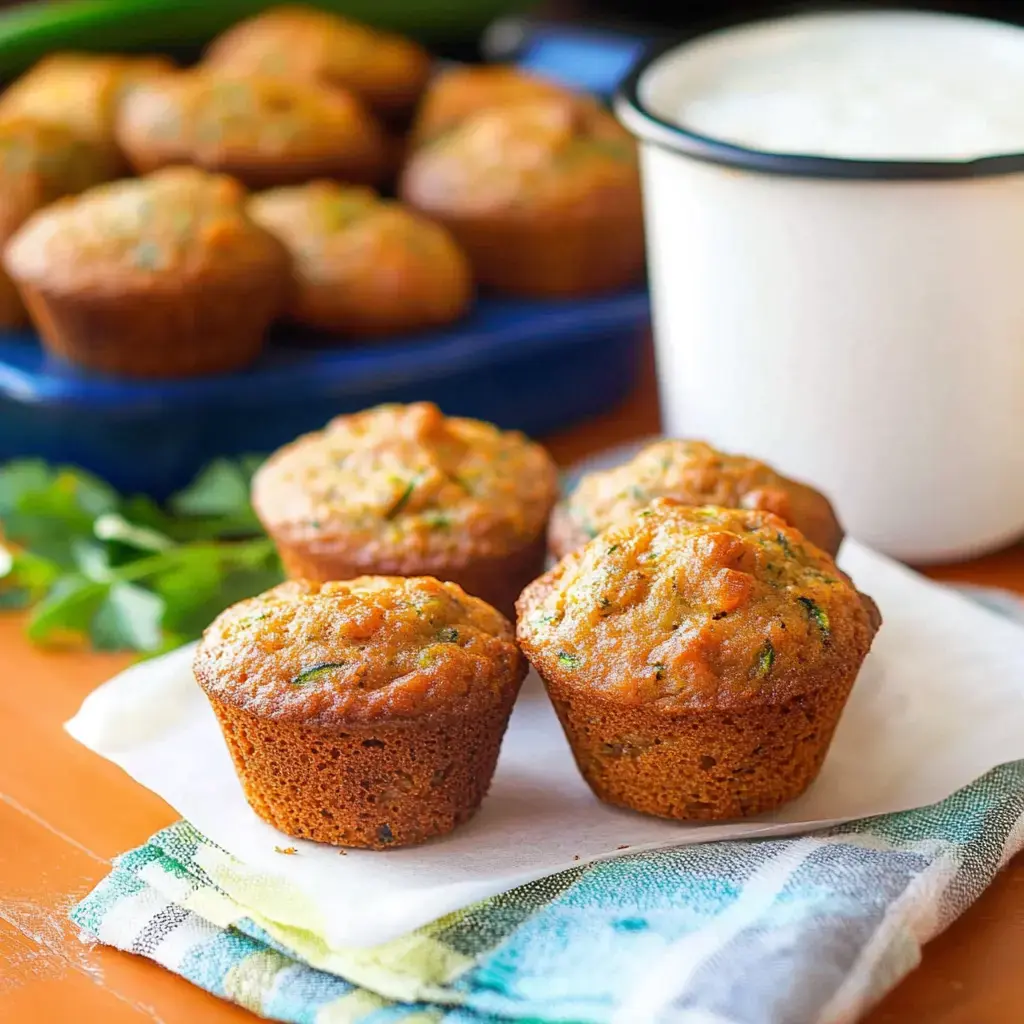 Una toma cercana de muffins salados recién horneados con hierbas verdes, colocados sobre una servilleta blanca, con más muffins y un vaso de yogur al fondo.