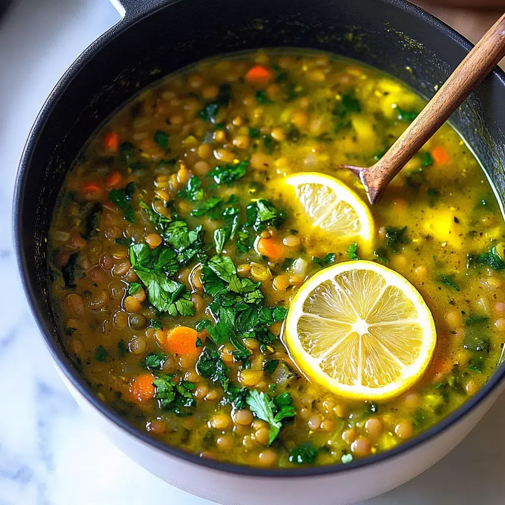 Un primer plano de una olla con sopa de lentejas adornada con hierbas frescas y rodajas de limón.