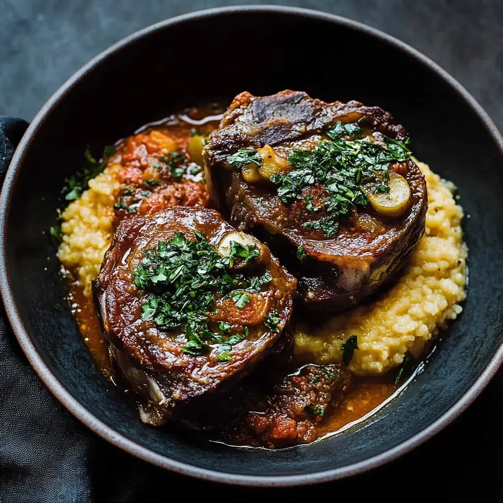 Un plato de carne guisada, tierna, servido sobre polenta cremosa, decorado con hierbas frescas y una salsa deliciosa.