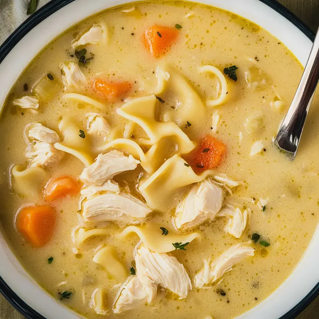 Un primer plano de un bowl de sopa de pollo con trozos de pollo, fideos de huevo, zanahorias y hierbas en un caldo cremoso.