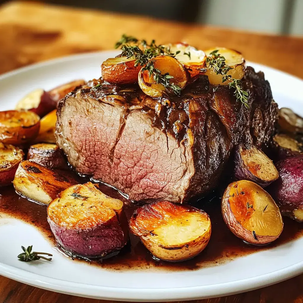 Un jugoso asado de carne con centro rosado, decorado con tomillo y acompañado de papas doradas y moradas asadas.