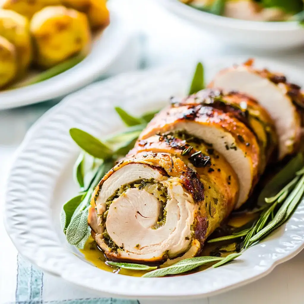 Rollo de pavo relleno con hierbas servido en una fuente con hojas de salvia.