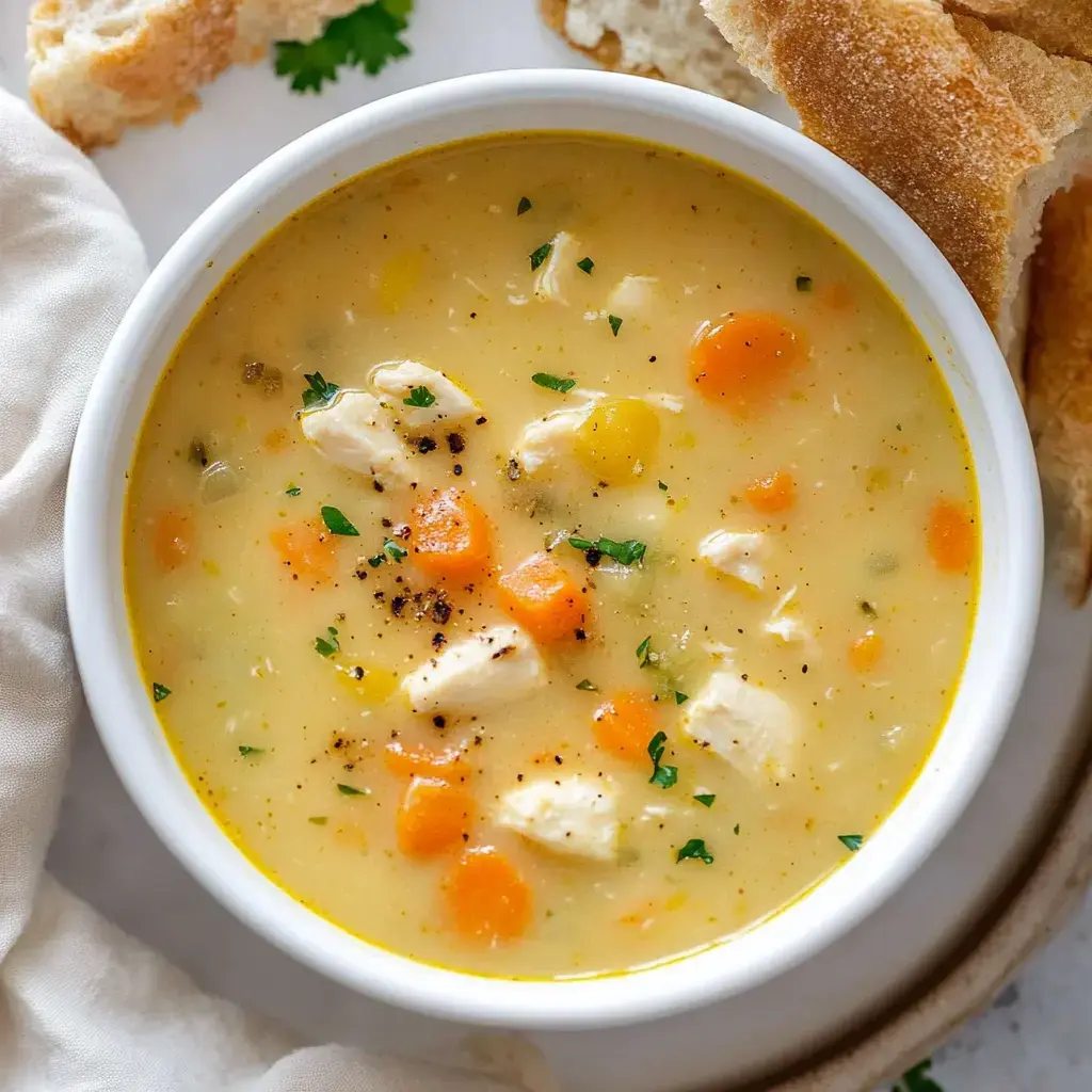 Un tazón de sopa cremosa de pollo con verduras en cubos y hierbas, servido junto a pedazos de pan.