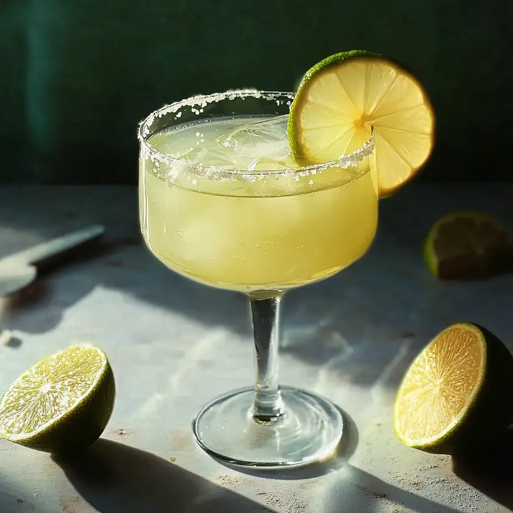 Una margarita refrescante en copa con borde de sal, decorada con una rodaja de lima, rodeada de limas cortadas sobre la encimera.