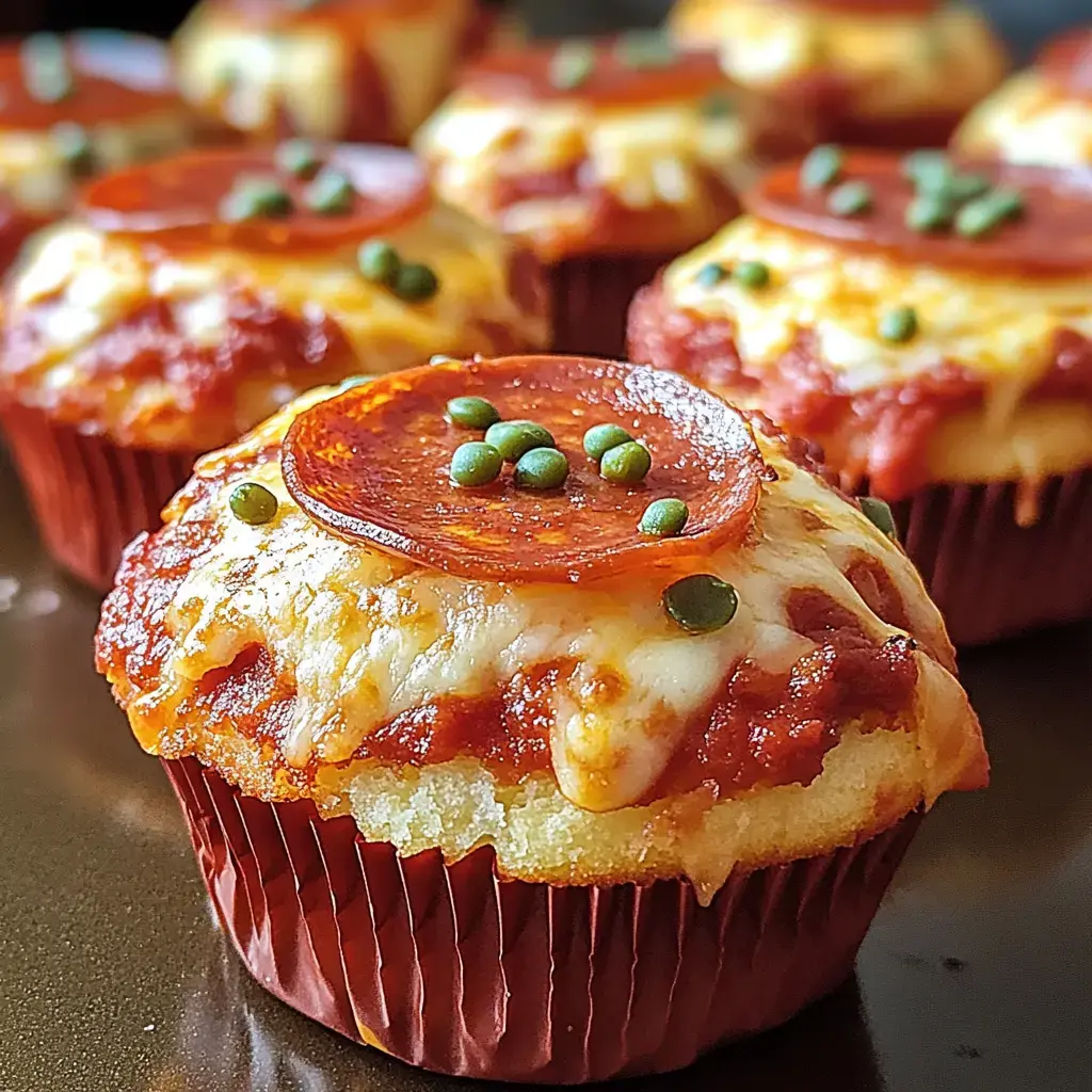 Primer plano de muffins salados cubiertos con queso, rodajas de pepperoni y verduras, colocados en una bandeja oscura.