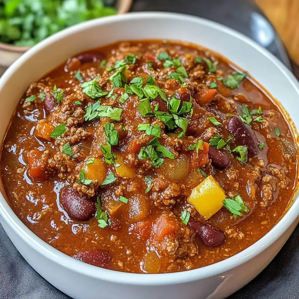 Una toma cercana de un tazón de chili con cilantro fresco encima, carne molida, frijoles y coloridas verduras troceadas.