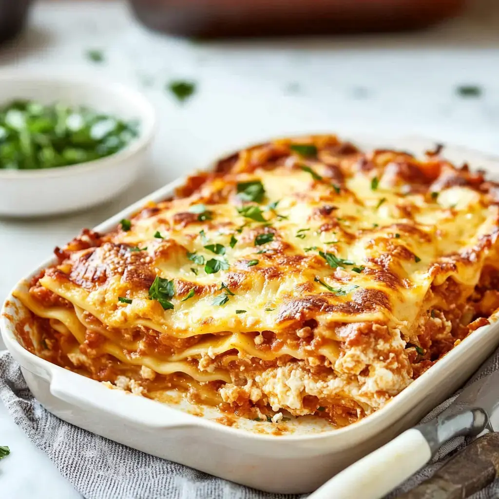 Una lasagna dorada con capas de queso y salsa servida en un plato blanco, adornada con perejil y un pequeño recipiente con hierbas picadas.
