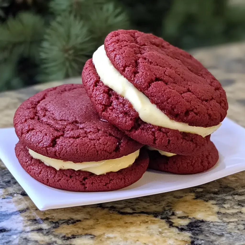 Tres galletas red velvet rellenas de crema de queso apiladas en un plato blanco.