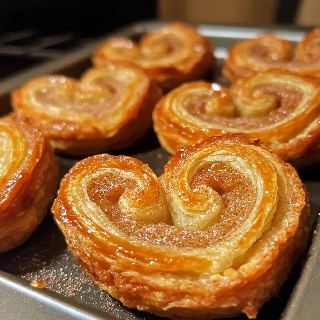 Imagen de primer plano de hojaldres palmiers dorados en forma de corazón, con textura crujiente y espolvoreados con azúcar.