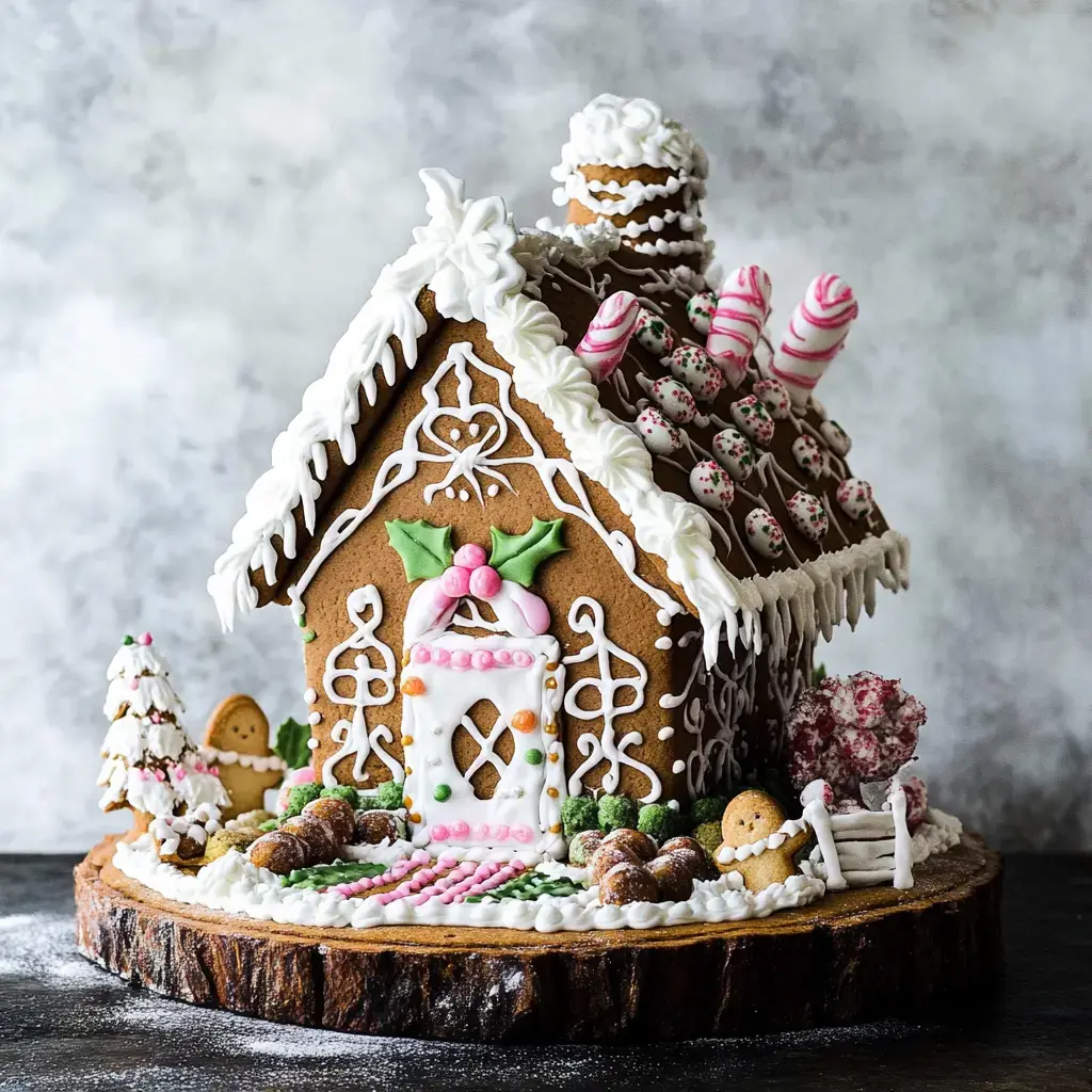 Una casa de jengibre decorada con glaseado, dulces coloridos y figuras de jengibre, sobre una plataforma de madera.