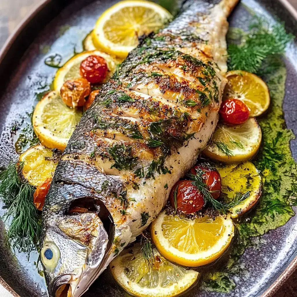 Un pescado entero asado decorado con hierbas frescas, rodeado de rodajas de limón y tomates cherry asados.