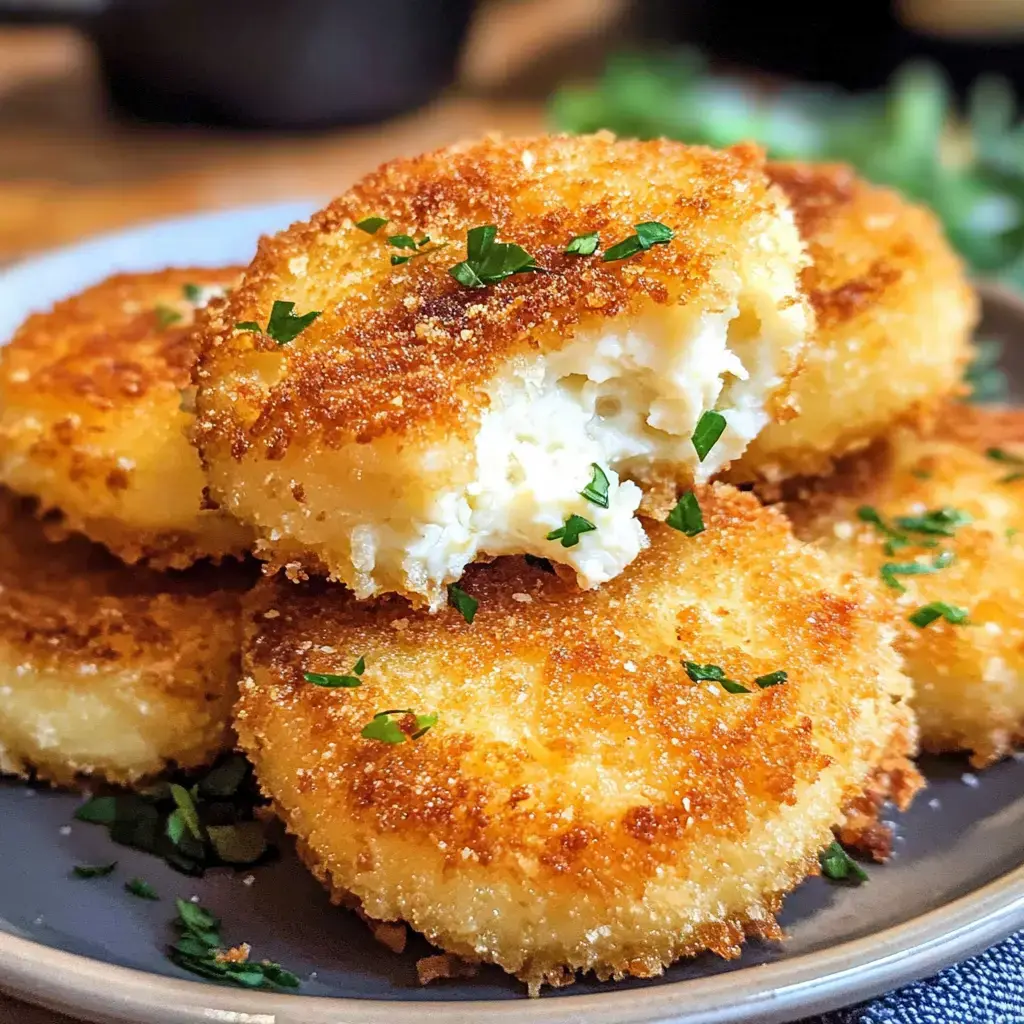 Un plato con medallones dorados y crujientes de queso de cabra empanizado decorados con perejil, con uno mostrando su interior suave.