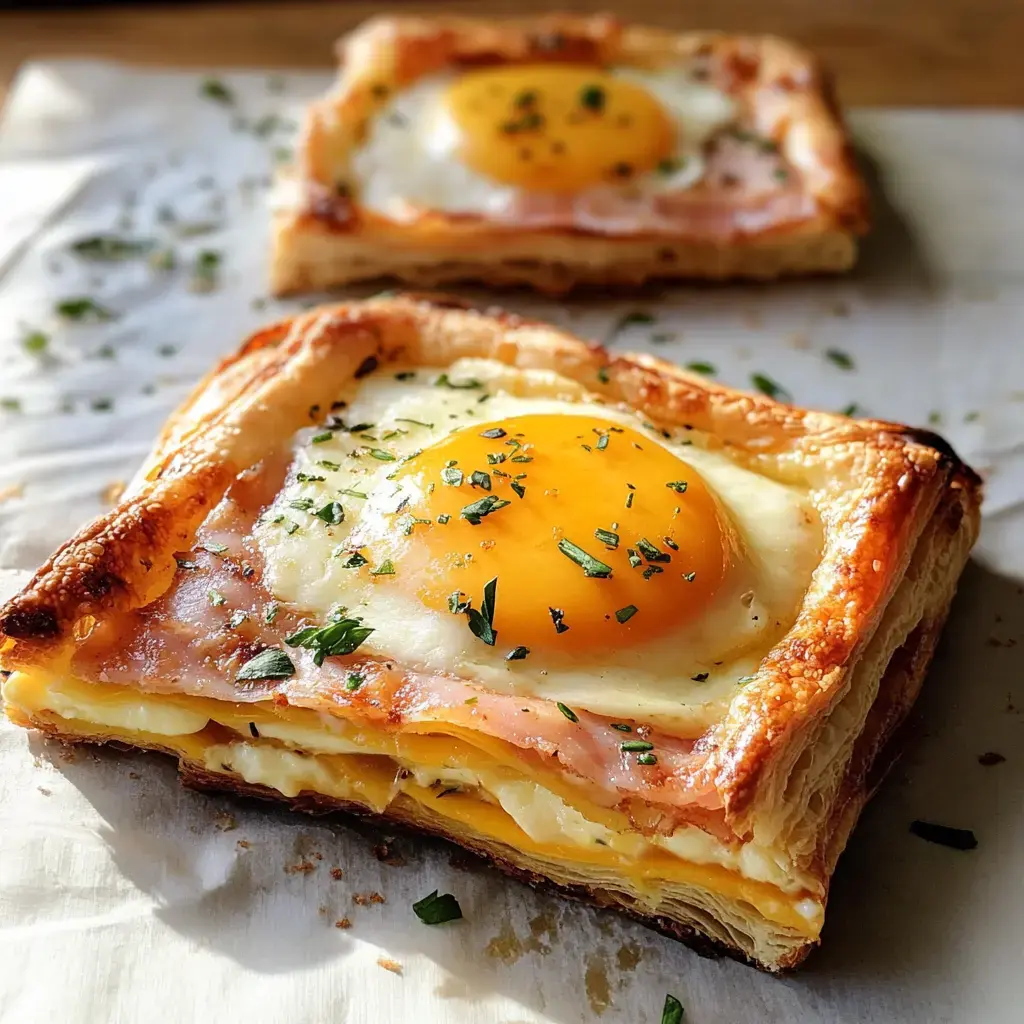 Un primer plano de un hojaldre recién horneado con un huevo frito encima, jamón y hierbas espolvoreadas. Al fondo, se ve otro hojaldre desenfocado.