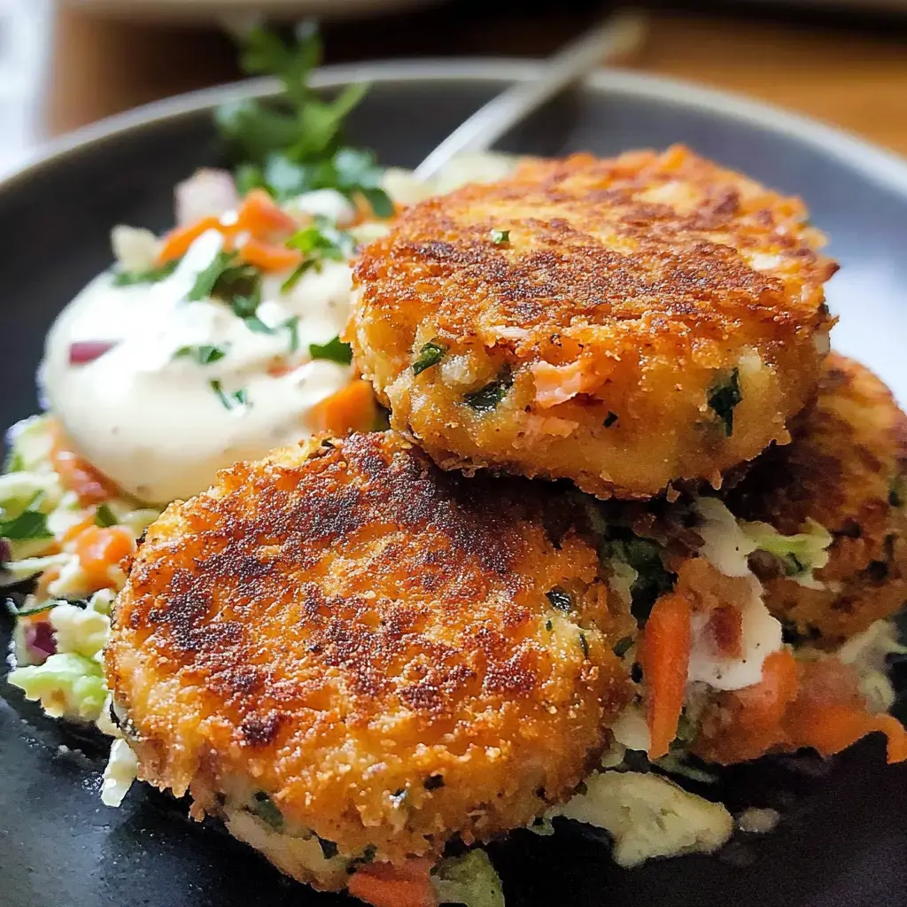 Unas tortitas doradas servidas en un plato con salsa cremosa y una ensalada colorida.