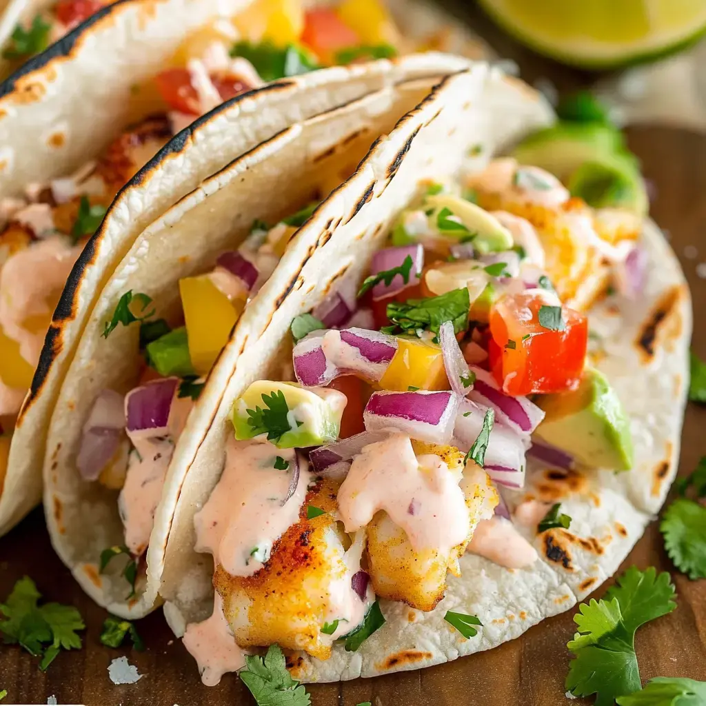 Tres tacos con pescado a la parrilla, verduras frescas, cilantro y una salsa cremosa se muestran sobre una superficie de madera.