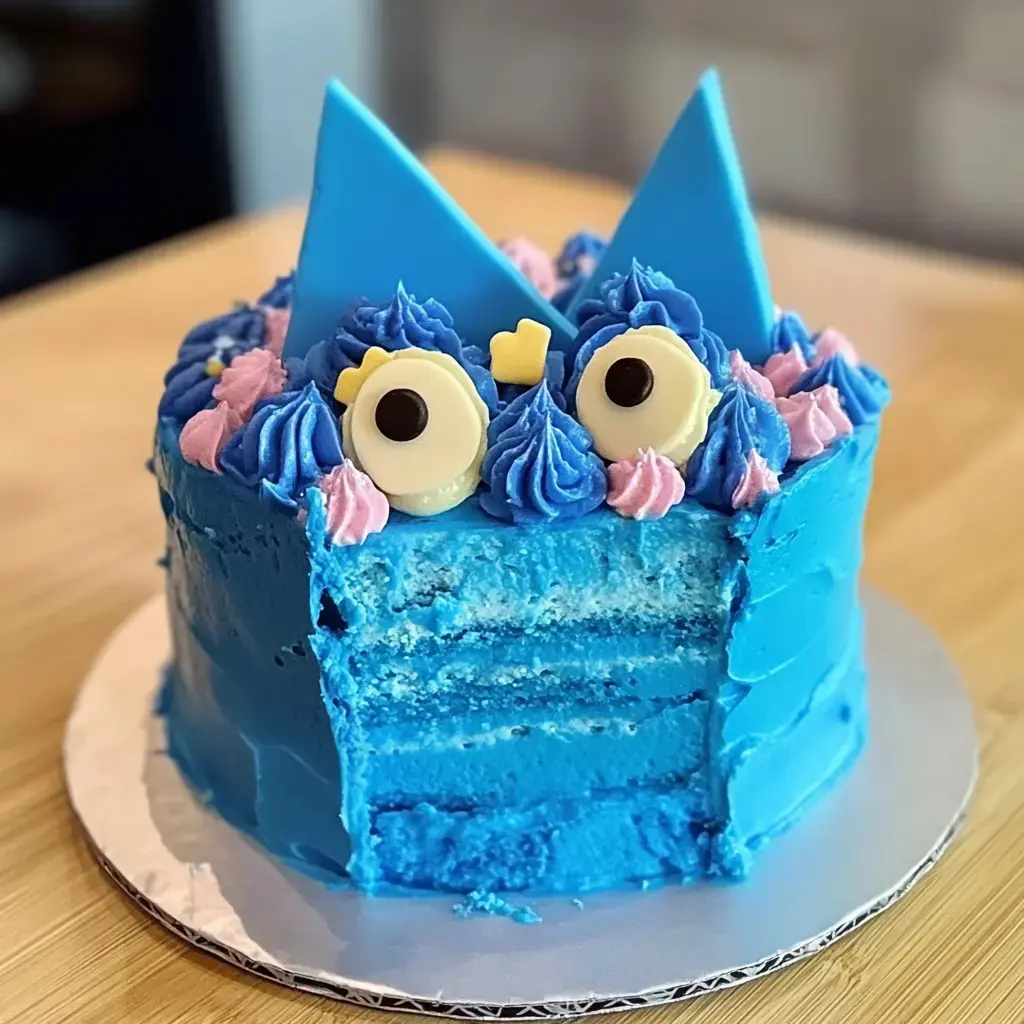 Un pastel azul colorido con decoraciones cremosas, con glaseado azul y rosa, ojos de caramelo y adornos triangulares azules, con una rebanada retirada que revela capas internas.
