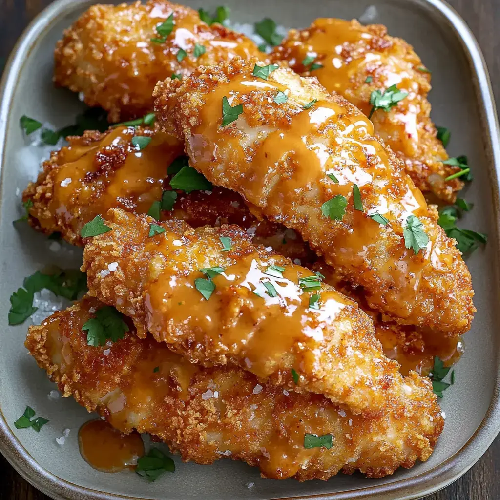Un plato de tiras de pollo crujientes bañadas con una brillante salsa naranja y decorado con perejil fresco.