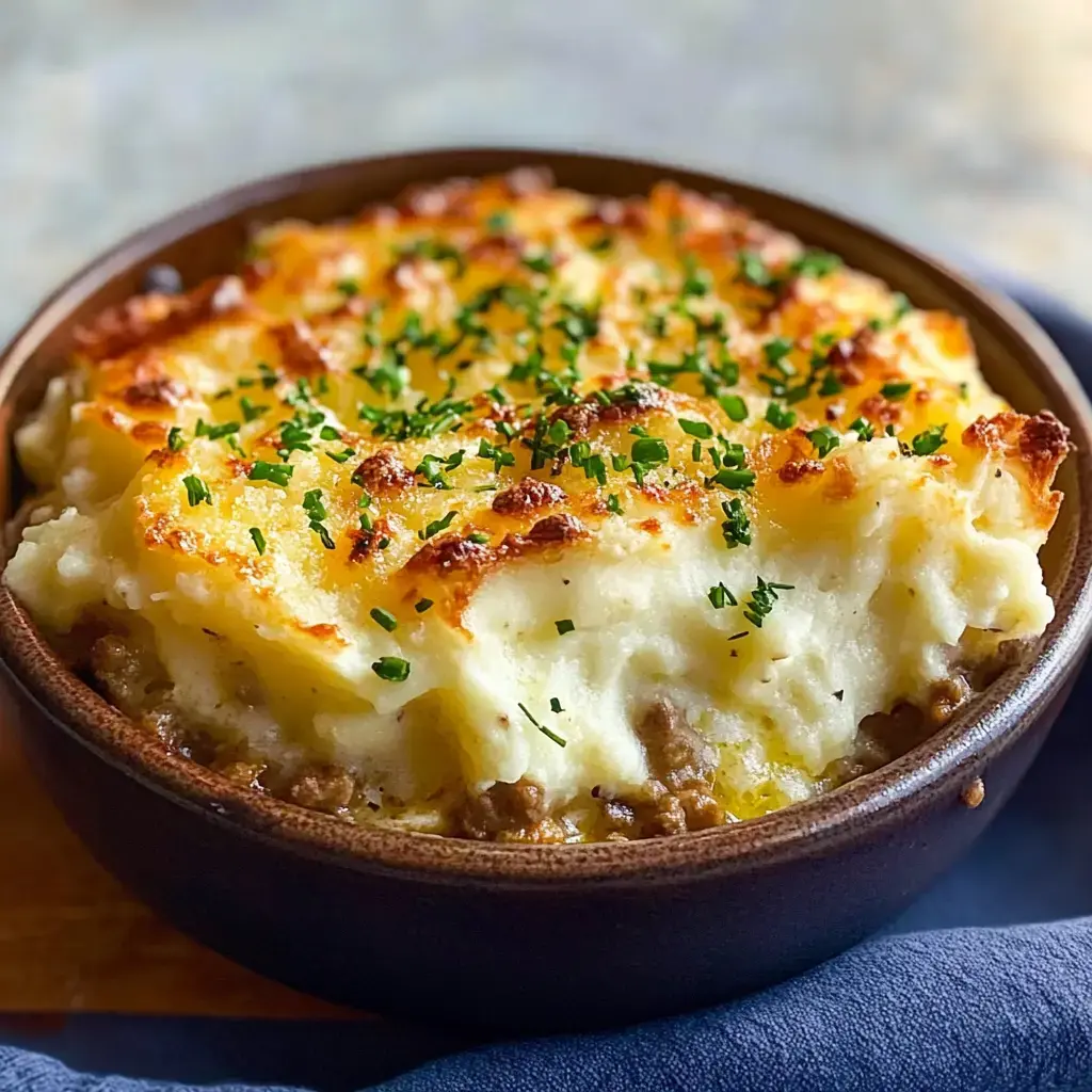 Un pastel de carne al horno con una cubierta crujiente y dorada de puré de papas, espolvoreado con perejil picado en un plato marrón.
