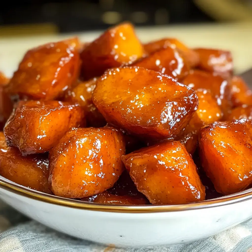 Un acercamiento a dados de batatas brillantes bañadas en una rica salsa caramelizada servidas en un tazón.