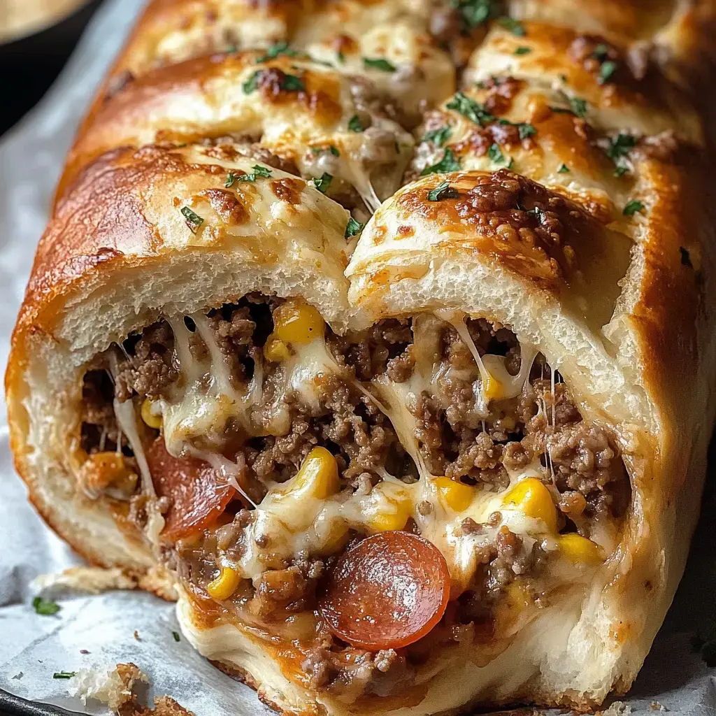 Un pan relleno con queso fundido, carne molida, maíz y pepperoni, decorado con hierbas.