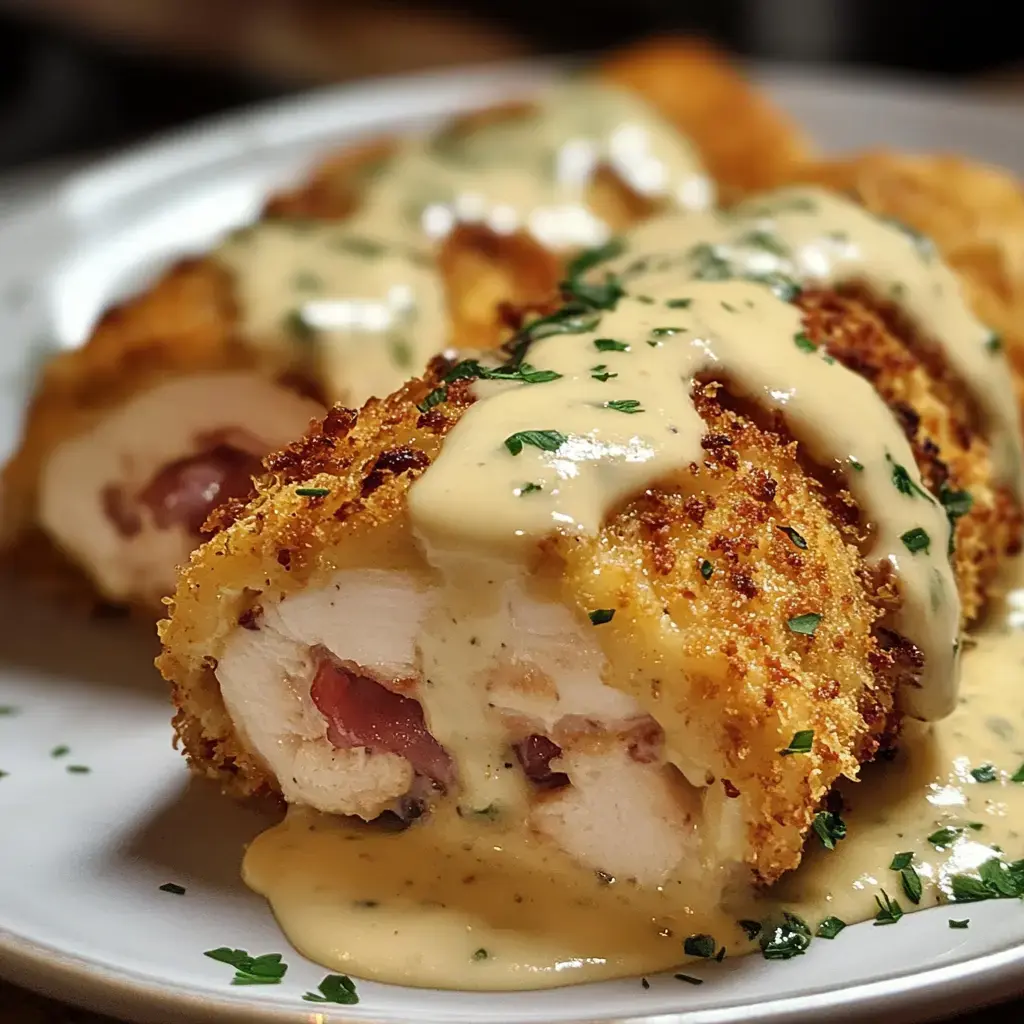 Un primer plano de rollos de pollo empanizados y fritos, rellenos de jamón, bañados con salsa cremosa y decorados con perejil.