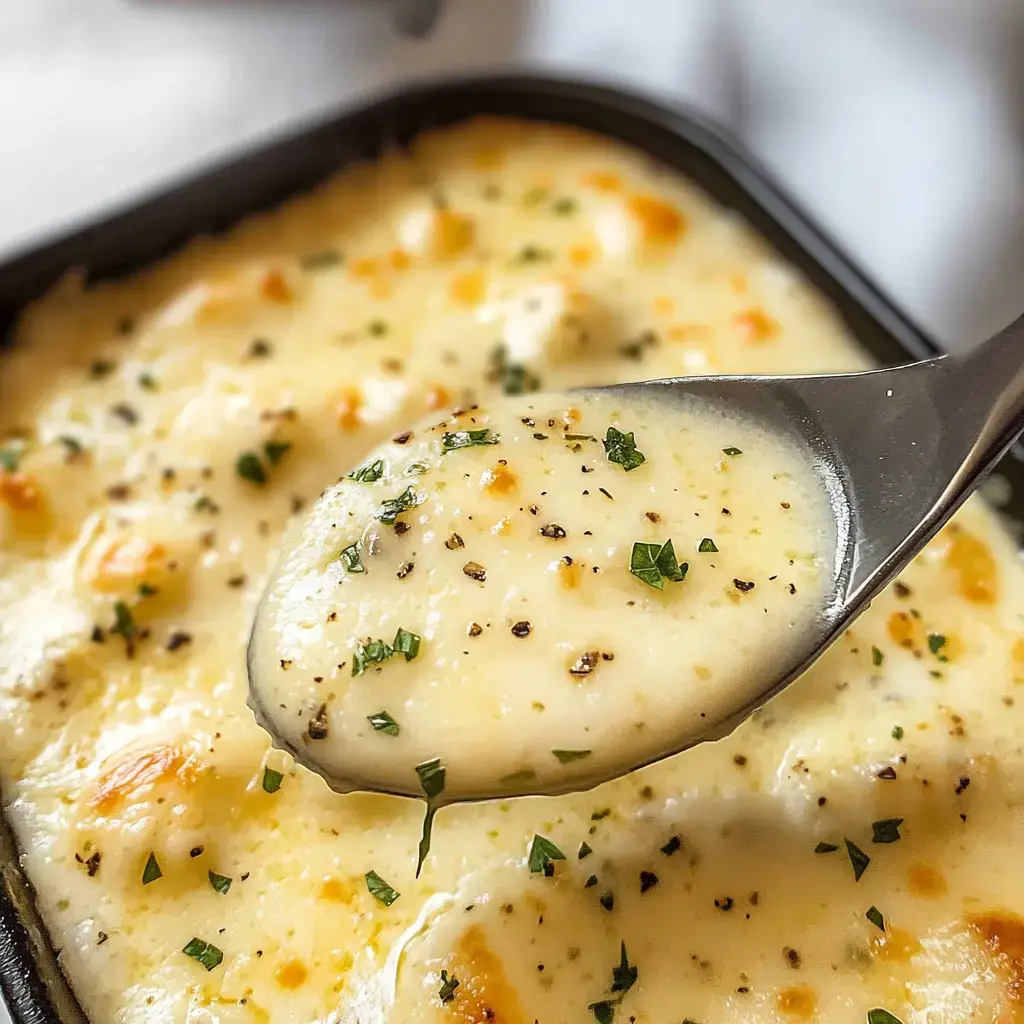 Un primer plano de una cuchara con salsa cremosa de papas horneadas, adornada con hierbas y pimienta, frente a un fondo del platillo.