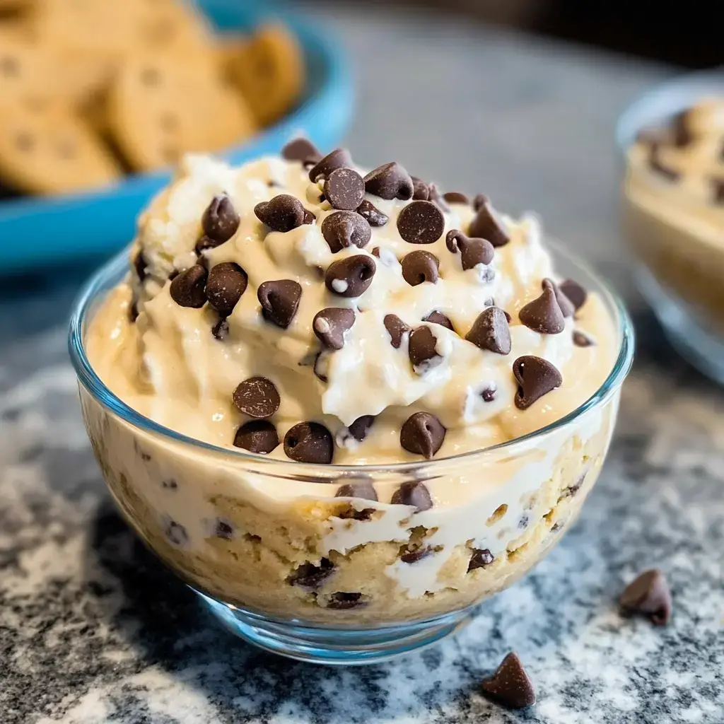 Un bol de vidrio lleno de masa de galleta con chispas de chocolate encima, colocado sobre una encimera con más galletas al fondo.