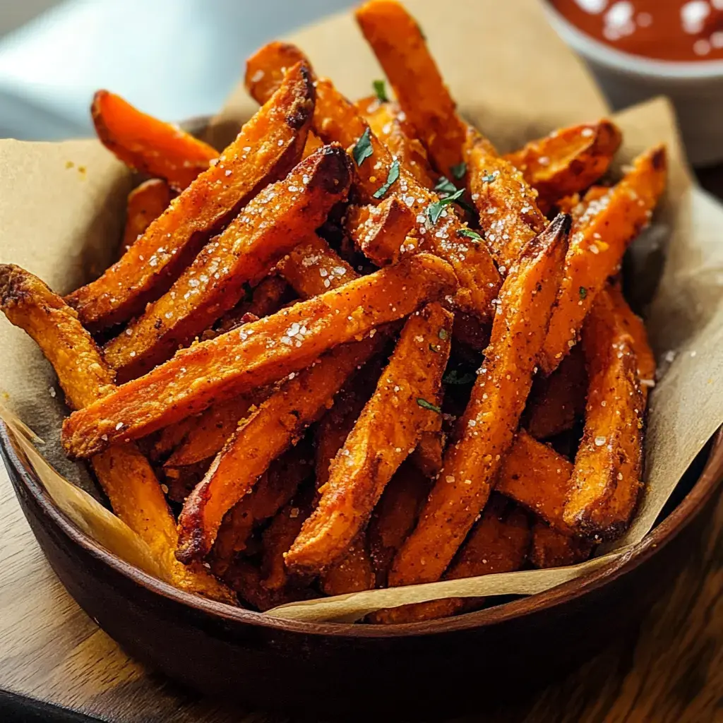 Un bowl con batatas crujientes sazonadas y acompañado de un pequeño recipiente con ketchup.