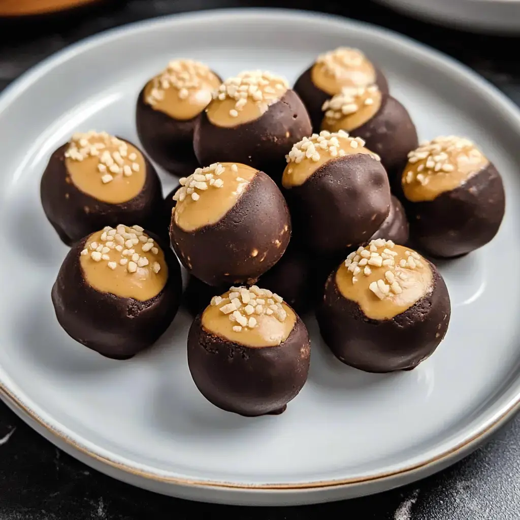 Plato con bolitas de mantequilla de maní cubiertas de chocolate y decoradas con aderezos.