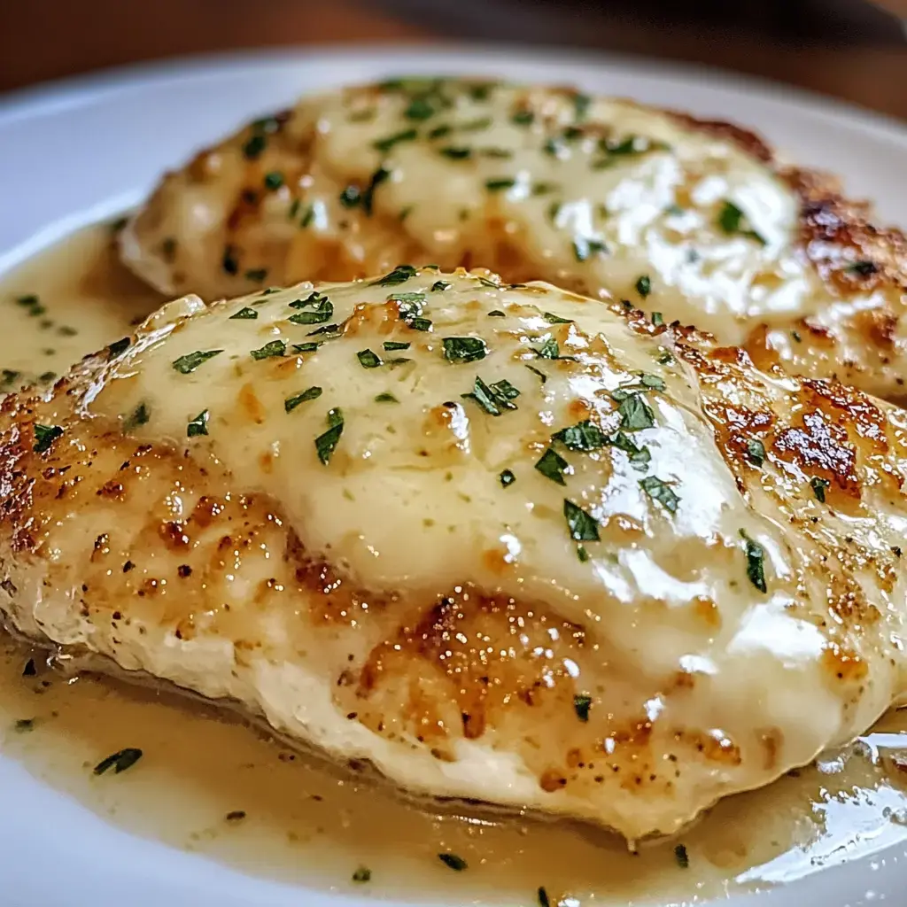 Dos pechugas de pollo doradas con queso derretido y perejil picado, servidas en un plato blanco con una ligera salsa.
